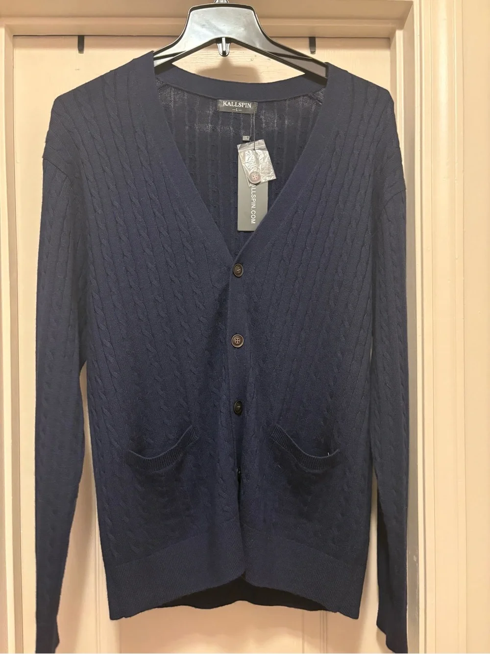 NWT Kallspin Wool Blend Cable Knit Cardigan Large Navy